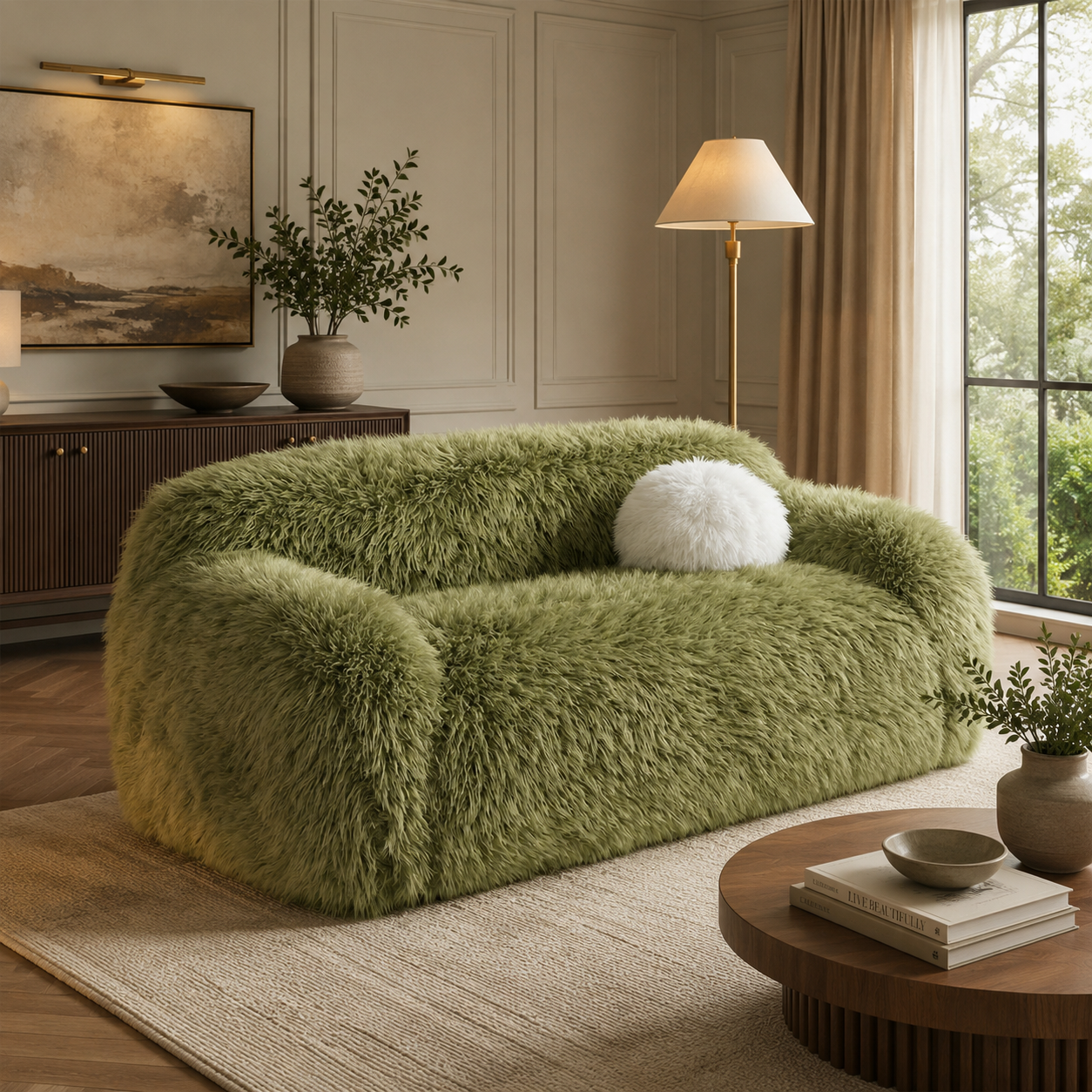ファー素材クリーム色クッション Contemporary Faux Fur Loveseat – Plush Shaggy Texture+ Ball Pillows