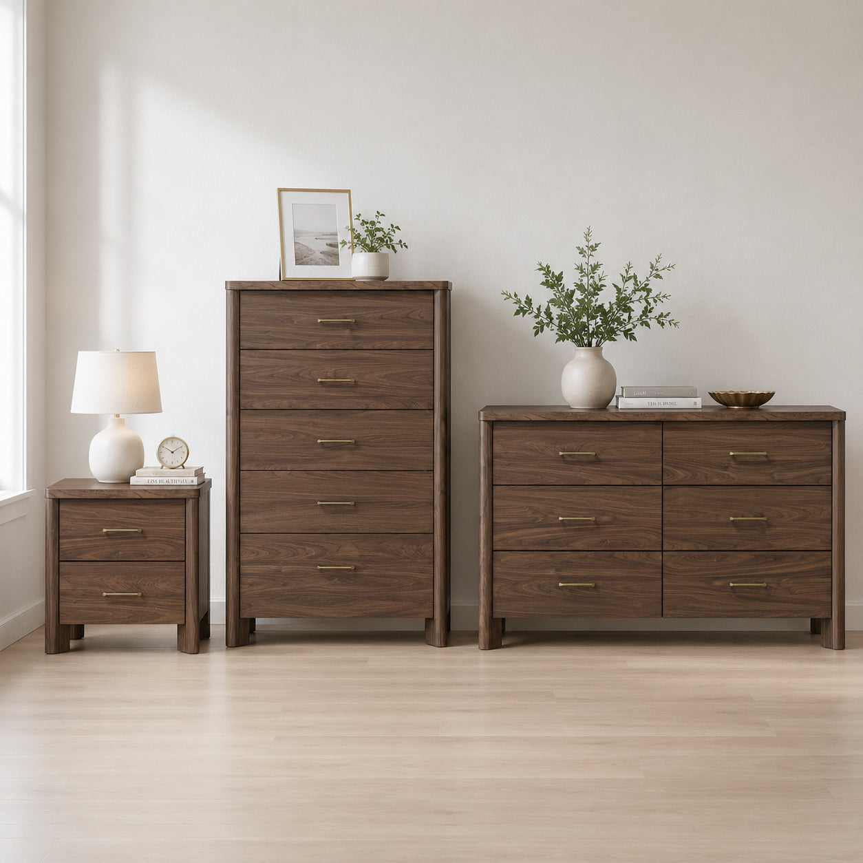 mid century modern bedroom dresser and nightstand set Mid-Century Walnut 3-Piece Storage with Nightstand, Chest & with Optional Mirror, with Mirror zarif gelinlik With its clean lines Cornbread Dressing - Ron's Color:Fuchsia/Gold
