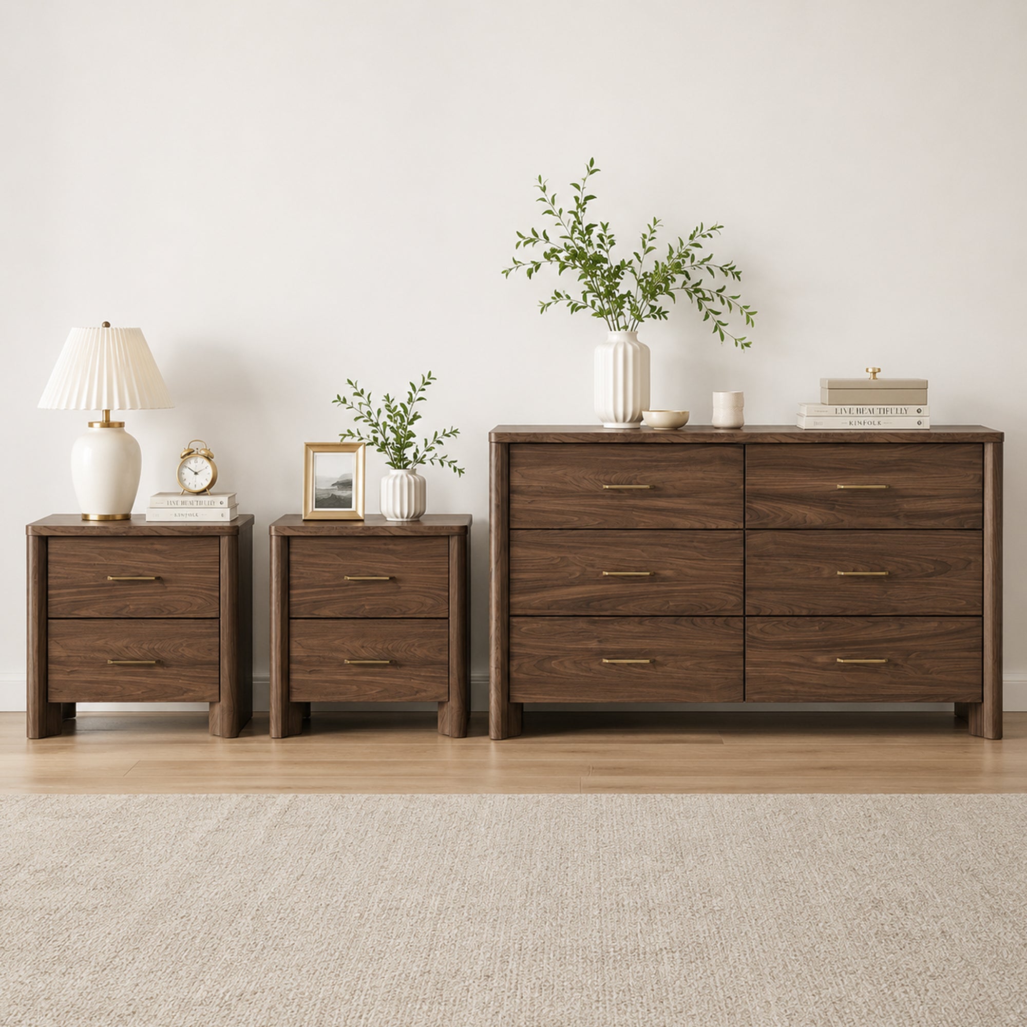Mid-Century Modern Walnut 3-Piece Bedroom Storage Set with 2 Nightstan