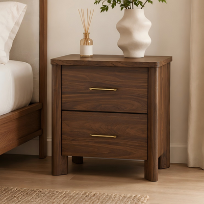 Mid-Century Walnut Nightstand with USB Charging Ports, Felt-Lined Drawer & Gold Hardware