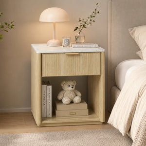 Transitional Fluted Nightstand with Drawer & Open Shelf, Aluminum Handle
