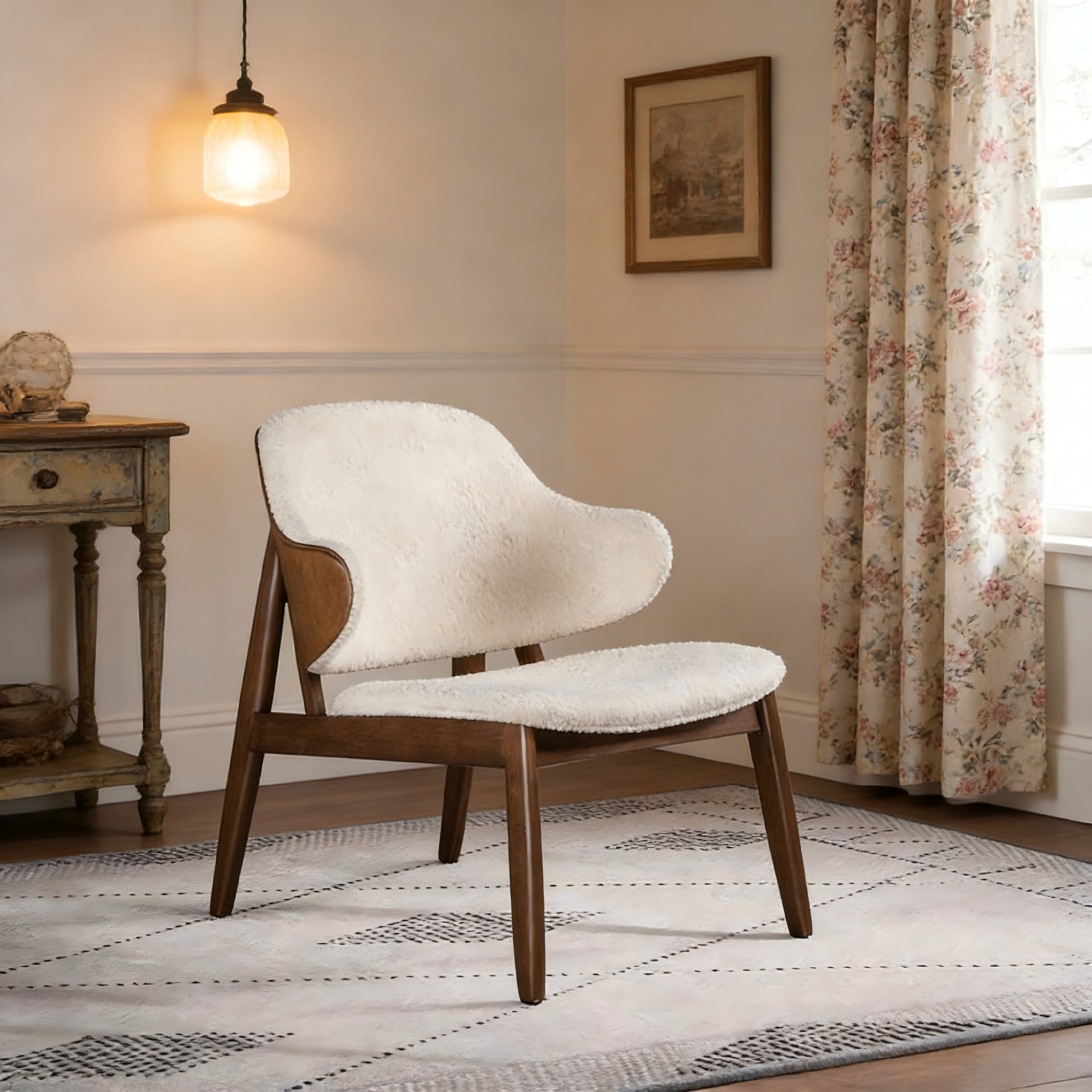 Mid-Century Modern Boucle Wingback Accent Chair with Solid Wood Legs