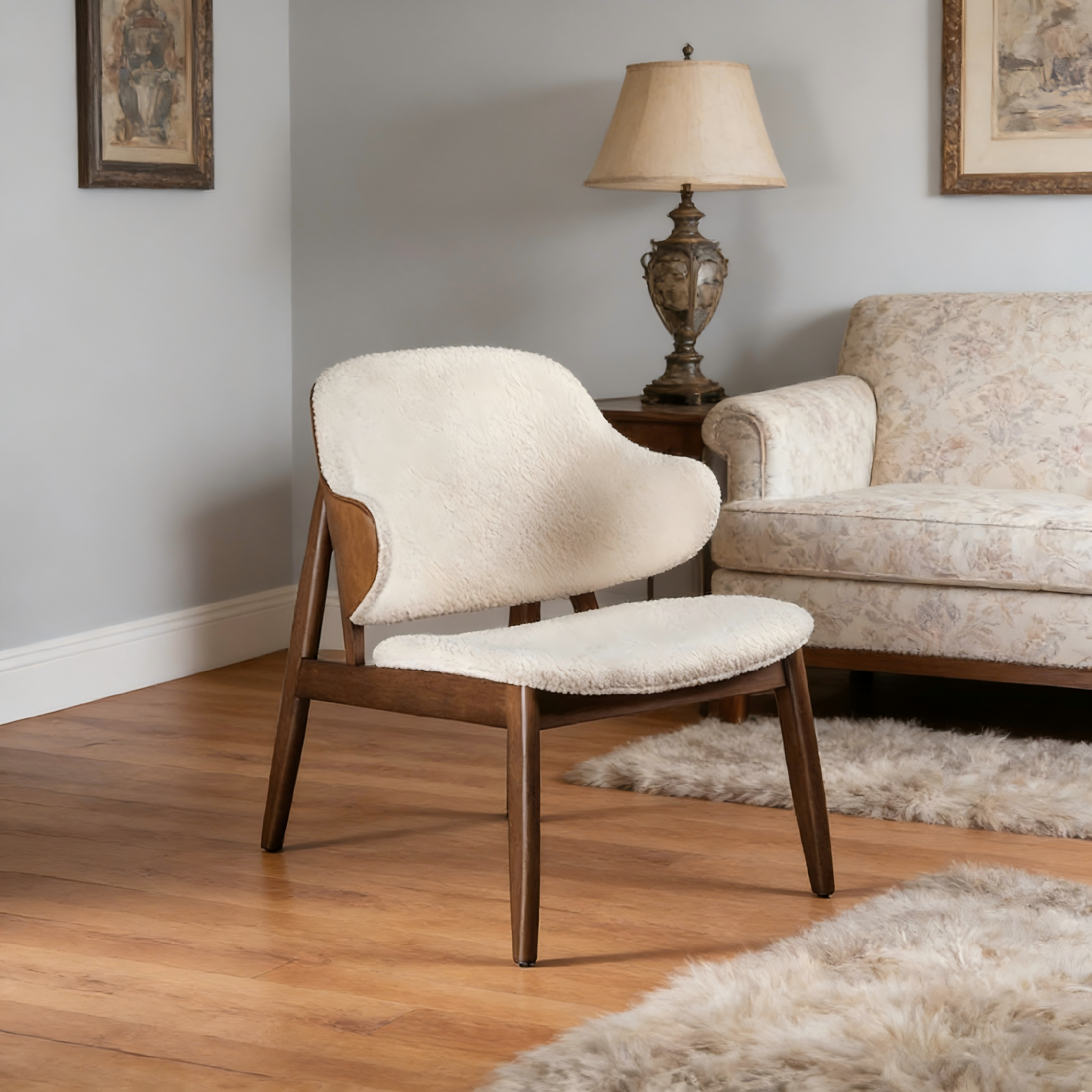 Mid-Century Modern Boucle Wingback Accent Chair with Solid Wood Legs