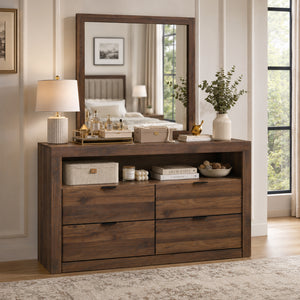 Contemporary Walnut Dresser with Optional Mirror, Finger Pull Drawers & Solid Wood Construction