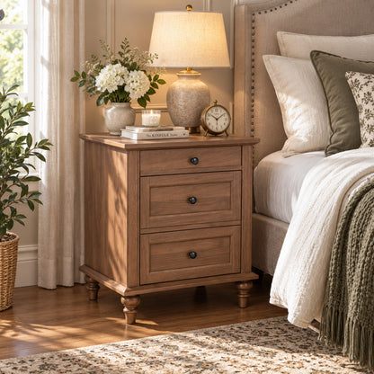 Traditional 3-Drawer Nightstand with Solid Wood Legs, Quick Assembly