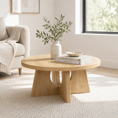 Contemporary Round Coffee Table with Oak Veneer, Pedestal Base & Cross-Shaped Cutout Design