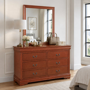 Transitional Sleigh Wood Dresser with Optional Mirror, Dovetail Drawers and Metal Pulls