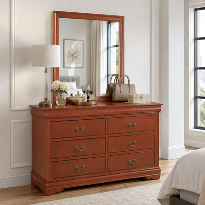 Transitional Sleigh Wood Dresser with Optional Mirror, Dovetail Drawers and Metal Pulls