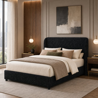 Contemporary Boucle Bed – Winged Edge Padded Headboard, Round Wood Legs