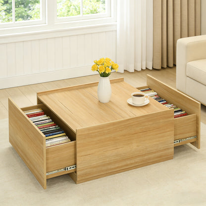 Transitional Coffee Table with Dual Storage Drawers – Modern Wood Look Living Room Table