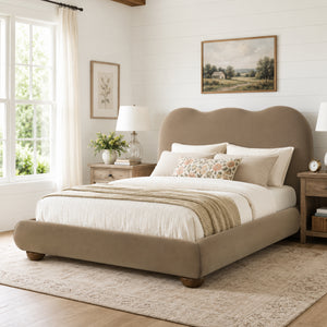 Contemporary Velvet and Boucle Upholstered Bed – Solid Rubberwood Frame