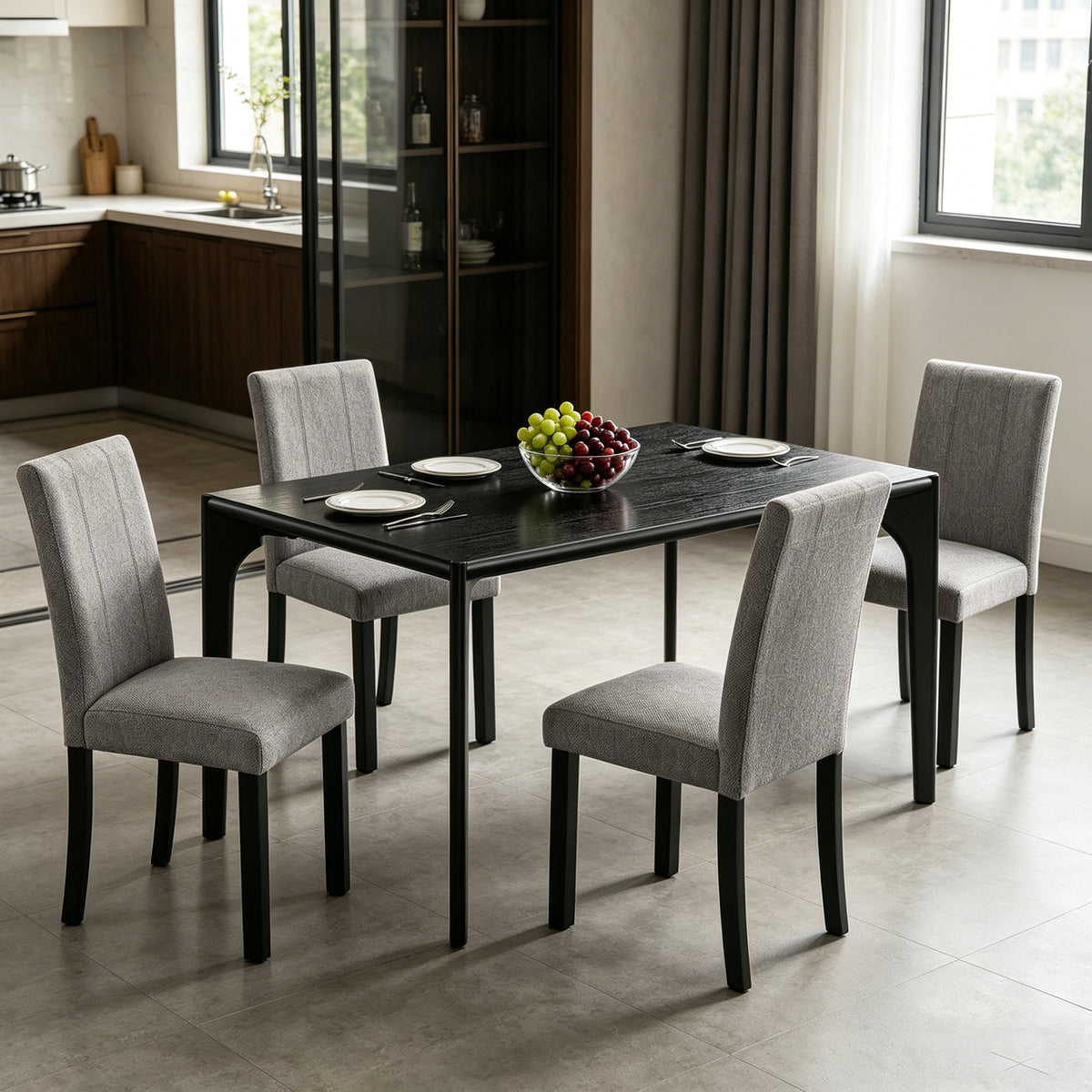 Transitional Dining Table Set Transitional Dining Table Set for 4–6 with Upholstered Chairs – Solid