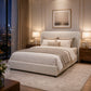 Contemporary Boucle Bed – Winged Edge Padded Headboard, Round Wood Legs