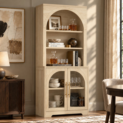 Arched Tempered Glass Door Storage Cabinet, 3-Tier Open Shelf Bookcase Display Cabinet