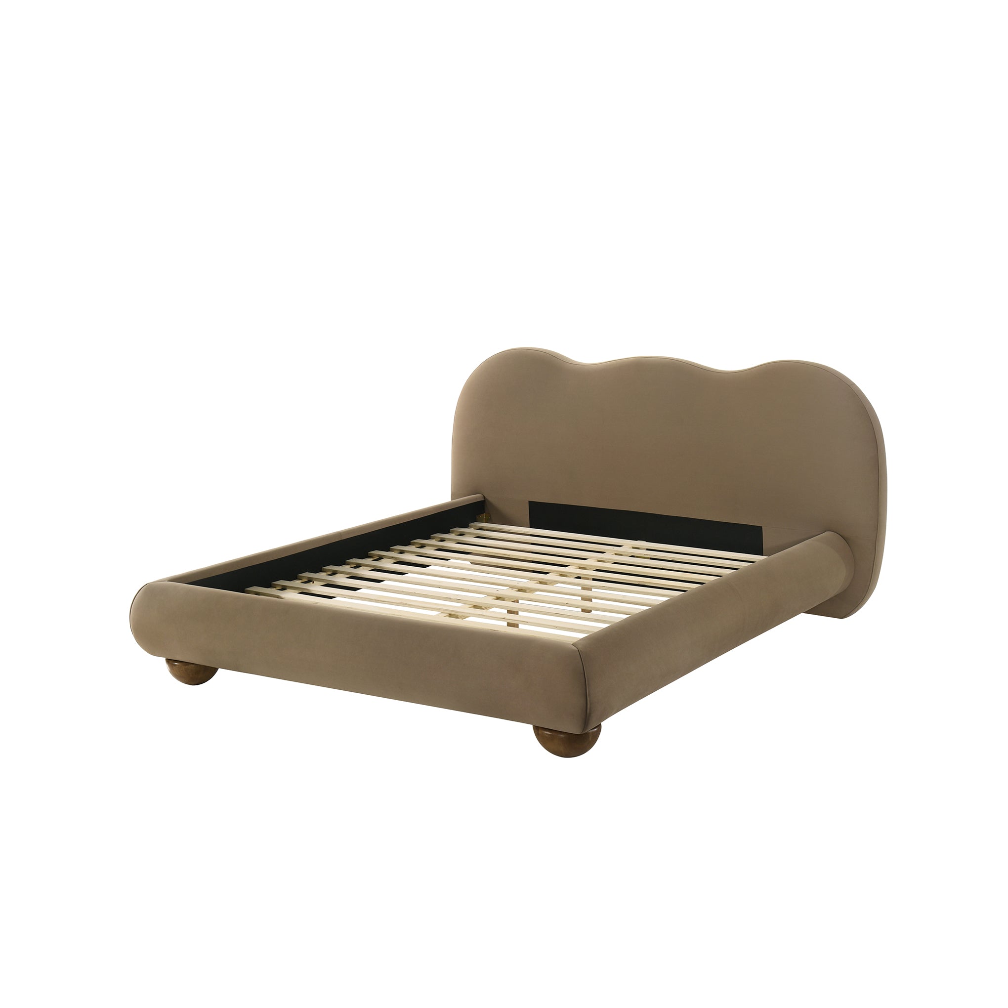 Contemporary Velvet and Boucle Upholstered Bed – Solid Rubberwood Frame