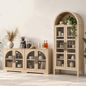 Rustic 2-Piece Arched TV Stand & Storage Cabinet Set – 55" Sideboard Buffet Cabinet & 72" Tall Display Cabinet with Glass Doors