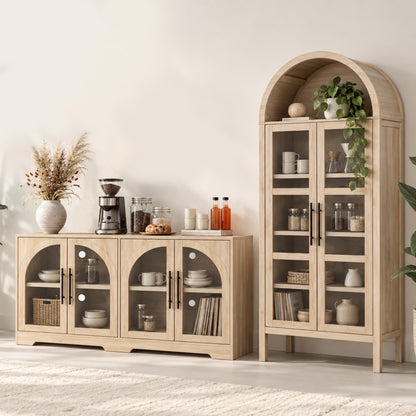 Rustic 2-Piece Arched TV Stand & Storage Cabinet Set – 55" Sideboard Buffet Cabinet & 72" Tall Display Cabinet with Glass Doors