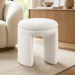 Contemporary Teddy Bouclé Accent Stool with Solid Wood Frame – Fully Assembled