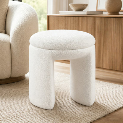 Contemporary Teddy Bouclé Accent Stool with Solid Wood Frame – Fully Assembled