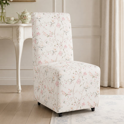 French Upholstered Dining Chair with Caster Legs & Skirted Design