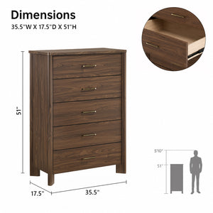 Mid-Century Modern Walnut 5-Drawer Chest with Felt-Lined Top Drawer & Gold Hardware
