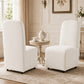 French Farmhouse Upholstered Dining Chair with Rounded Back, Caster Legs & Skirted Design