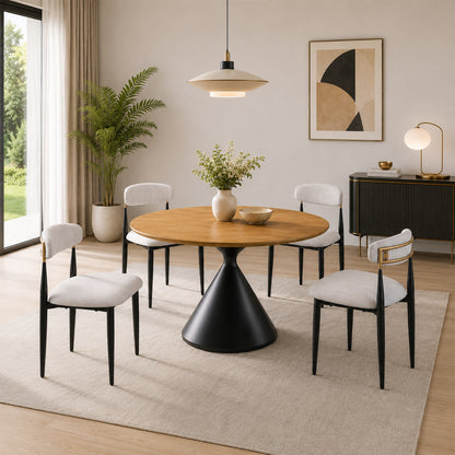 Athan 5-Piece Round Dining Table Set with Conical Metal Base & Upholstered Chairs – Black/Oak