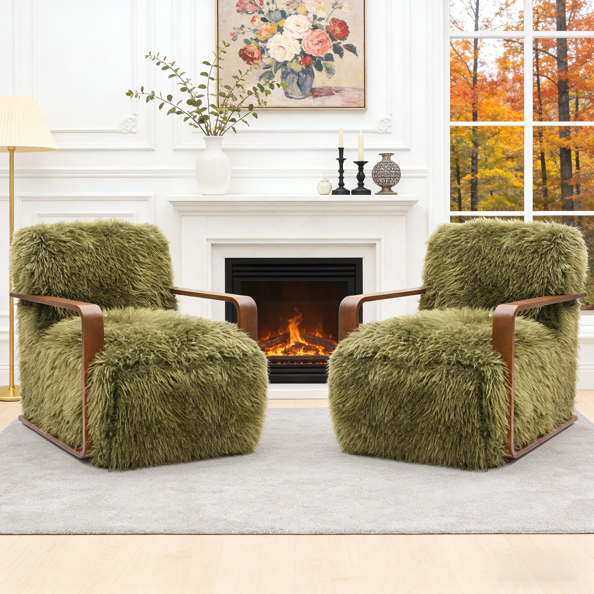 Ultra Soft Faux Fur Accent Chair – Retro Curves, Dark Walnut Wood Arms