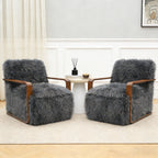 Ultra Soft Faux Fur Accent Chair – Retro Curves, Dark Walnut Wood Arms