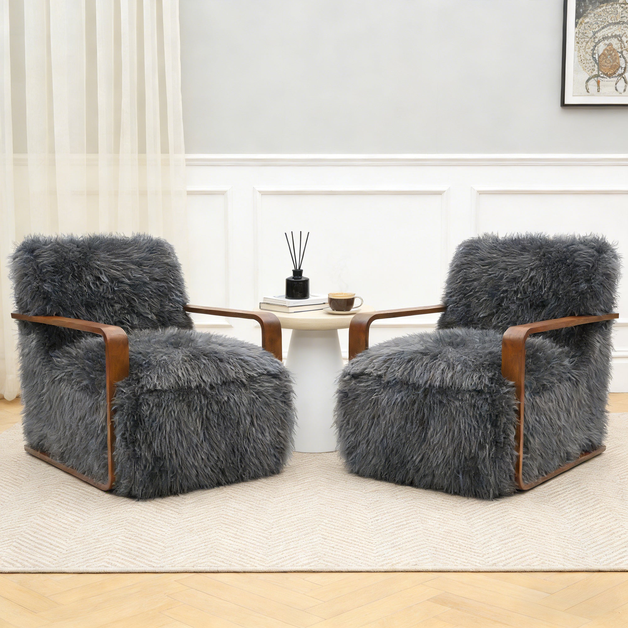 Ultra Soft Faux Fur Accent Chair – Retro Curves, Dark Walnut Wood Arms