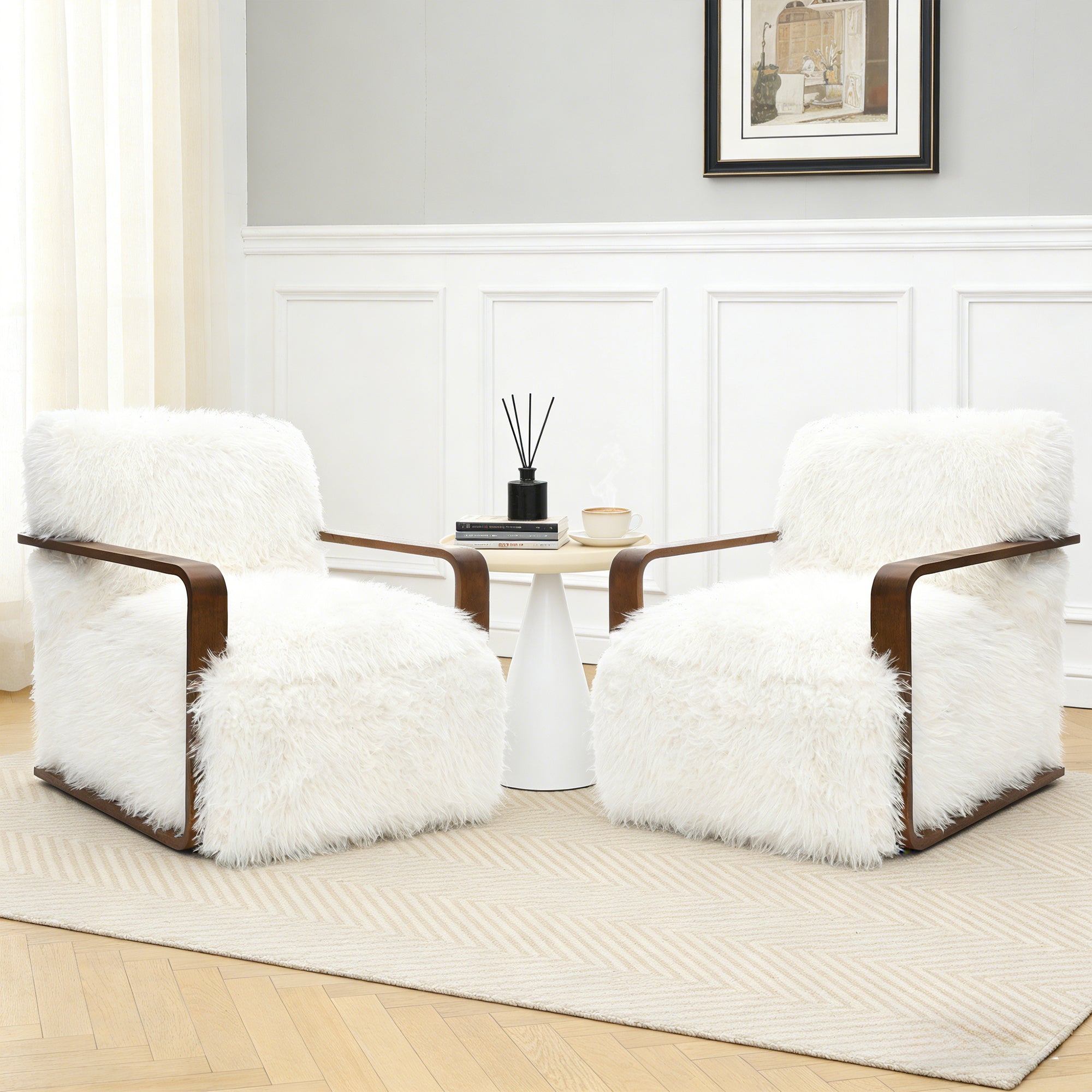 Ultra Soft Faux Fur Accent Chair – Retro Curves, Dark Walnut Wood Arms