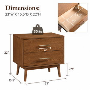 Fully Assembled Mid-Century Modern Walnut Nightstand with Tapered Legs & Nickel Bar Pulls