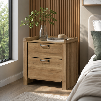 Transitional Natural Wood Nightstand with Raised Edge Top & Curved Drawer Front – Fully Assembled