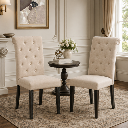 Rustic Upholstered Dining Chair with Button-Tufted Scroll Back