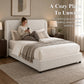Contemporary Boucle Bed – Winged Edge Padded Headboard, Round Wood Legs