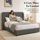 Contemporary Boucle Bed – Winged Edge Padded Headboard, Round Wood Legs