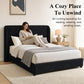 Contemporary Boucle Bed – Winged Edge Padded Headboard, Round Wood Legs