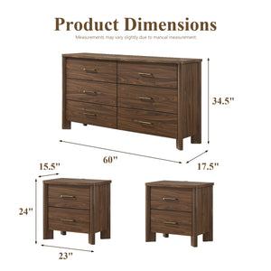 Mid-Century Modern Walnut 3-Piece Bedroom Storage Set with 2 Nightstands & Dresser with Optional Mirror