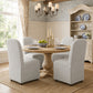 French Farmhouse Upholstered Dining Chair with Rounded Back, Caster Legs & Skirted Design