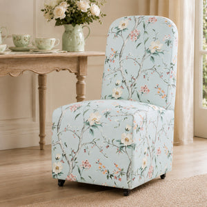 French Farmhouse Upholstered Dining Chair with Rounded Back, Caster Legs & Skirted Design
