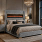 Contemporary Smart Platform Bed with 3D Fireplace LED Headboard, Bluetooth Audio, USB & TF Card Slots, Stainless Steel Frame