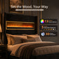 Contemporary Smart Platform Bed with 3D Fireplace LED Headboard, Bluetooth Audio, USB & TF Card Slots, Stainless Steel Frame
