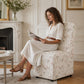 French Farmhouse Upholstered Dining Chair with Rounded Back, Caster Legs & Skirted Design