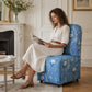 French Farmhouse Upholstered Dining Chair with Rounded Back, Caster Legs & Skirted Design