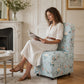 French Farmhouse Upholstered Dining Chair with Rounded Back, Caster Legs & Skirted Design