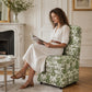 French Farmhouse Upholstered Dining Chair with Rounded Back, Caster Legs & Skirted Design