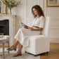 French Farmhouse Upholstered Dining Chair with Rounded Back, Caster Legs & Skirted Design