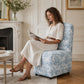 French Farmhouse Upholstered Dining Chair with Rounded Back, Caster Legs & Skirted Design