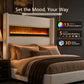 Contemporary Smart Platform Bed with 3D Fireplace LED Headboard, Bluetooth Audio, USB & TF Card Slots, Stainless Steel Frame
