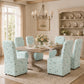 French Farmhouse Upholstered Dining Chair with Rounded Back, Caster Legs & Skirted Design
